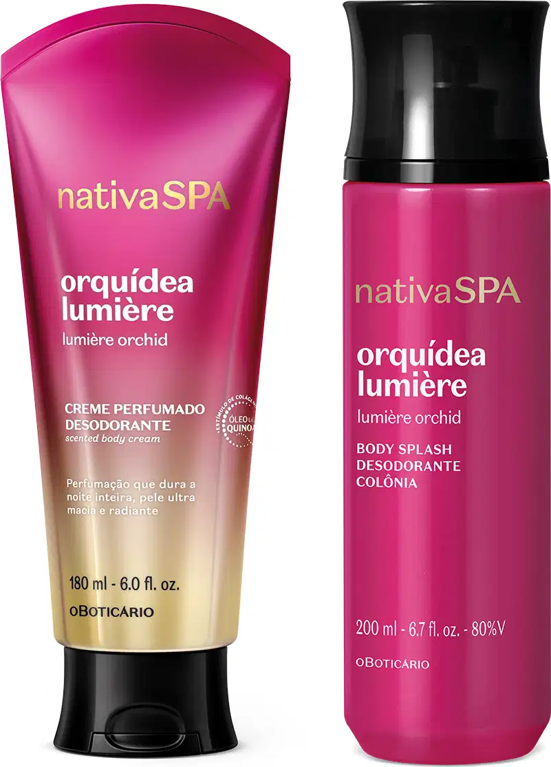 Imagem do Combo Nativa SPA Orquídea Lumière que traz um body splash rosa-escuro de 200ml e uma bisnaga com degradê de rosa-escuro e prata de creme perfumado desodorante de 180ml. As tampas dos produtos são pretas.