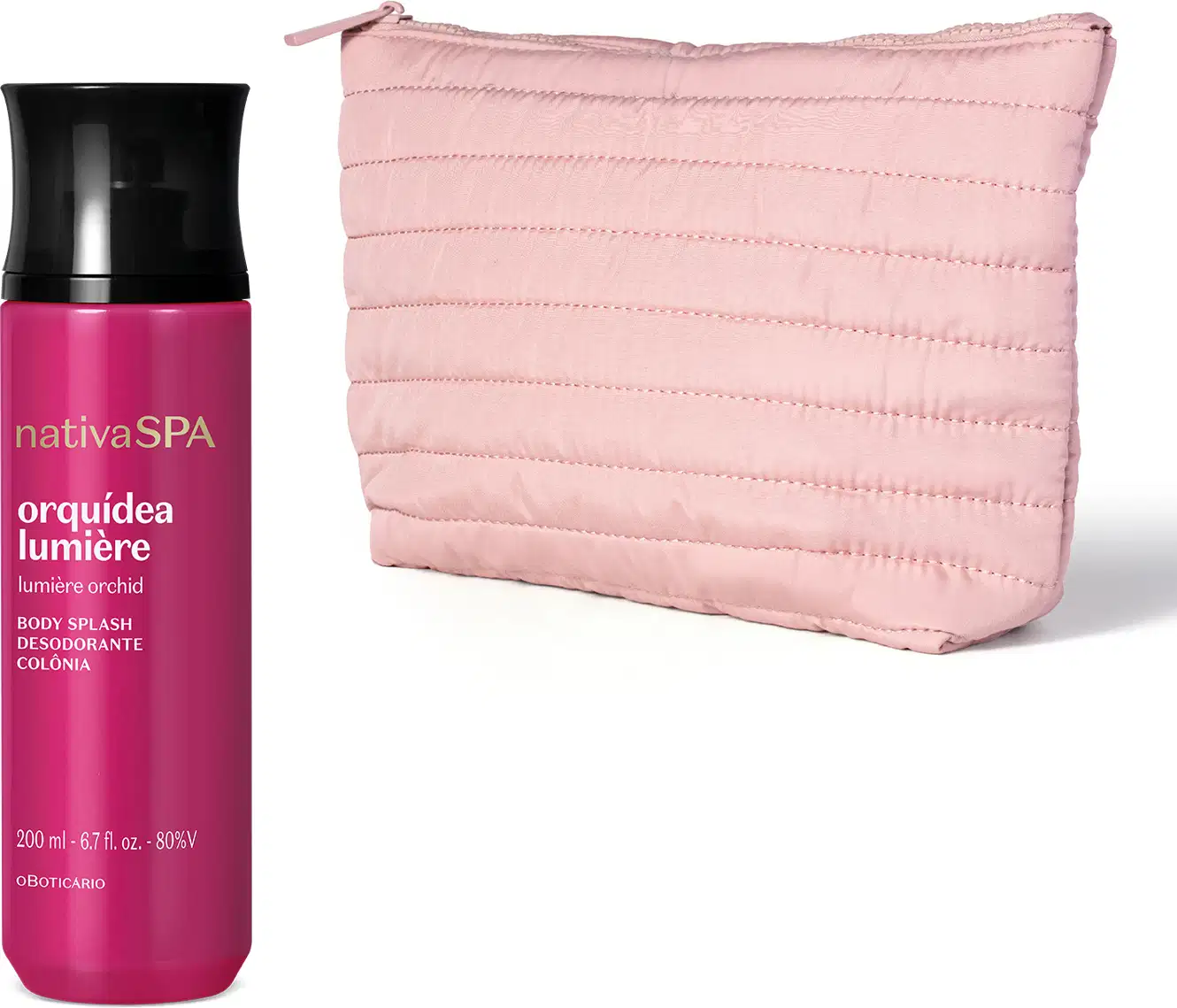 Imagem do Combo Nativa SPA Orquídea Lumière contendo um body splash de 200ml em embalagem rosa-escuro e preta e um nécessaire premium na cor rosa.