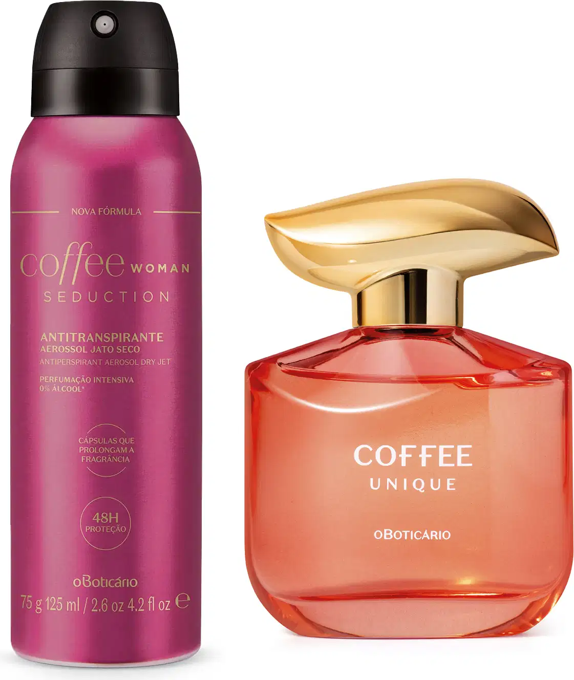 Imagem de dois produtos Coffee Woman, sendo um vidro transparente com líquido rosa e tampa dourada de desodorante colônia da linha Unique e um frasco roxo com tampa preta com 75g de desodorante antitranspirante aerossol da linha Seduction.