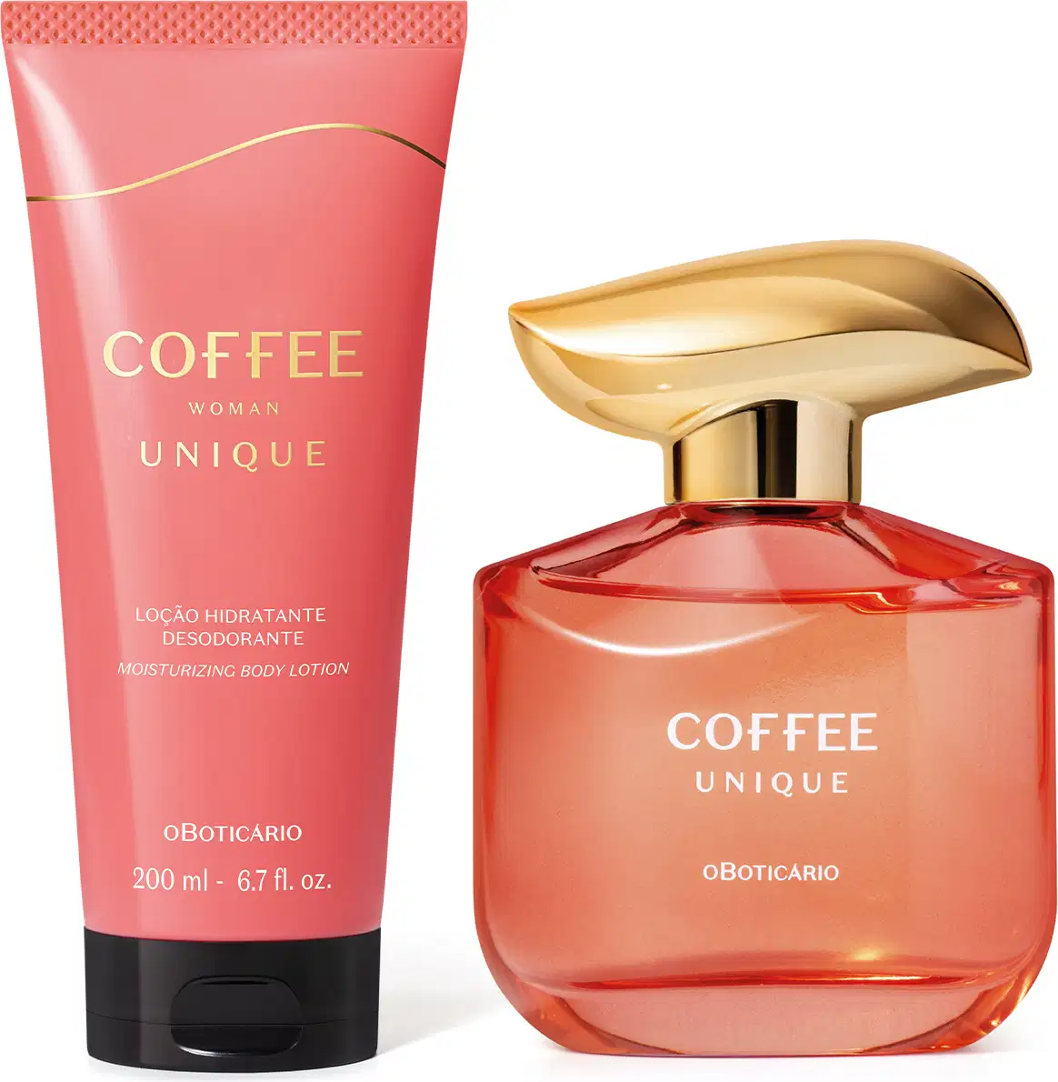 Imagem de dois produtos Coffee Woman Unique, sendo um vidro de 100ml com tampa dourada de desodorante colônia e uma bisnaga de tampa preta trazendo 200ml de loção corporal. As embalagens são na cor rosa com letras douradas. 