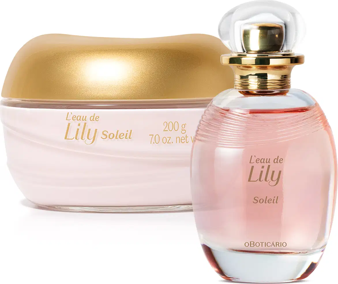 Imagem de dois produtos  L'eau de Lily Soleil, sendo um desodorante colônia em vidro de 75g com líquido rosado, borrifador dourado e tampa transparente, acompanhado de um pote com conteúdo branco e tampa dourada trazendo 200gde creme acetinado corporal.