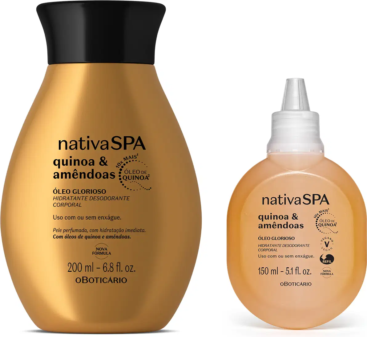 Imagem de um frasco dourado com tampa preta contendo 200ml de óleo glorioso corporal da marca Nativa SPA Quinoa e Amêndoas, acompanhado de um frasco refil amarelo com tampa branca com 150ml do mesmo óleo corporal.