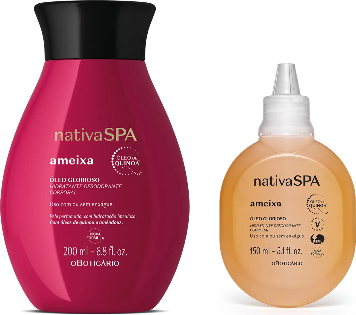 Imagem de um frasco de óleo glorioso corporal da marca Nativa SPA Ameixa em embalagem vermelha com tampa preta e rótulo em branco e dourado, acompanhado de um frasco amarelo com tampa branca trazendo o refil do mesmo óleo corporal.