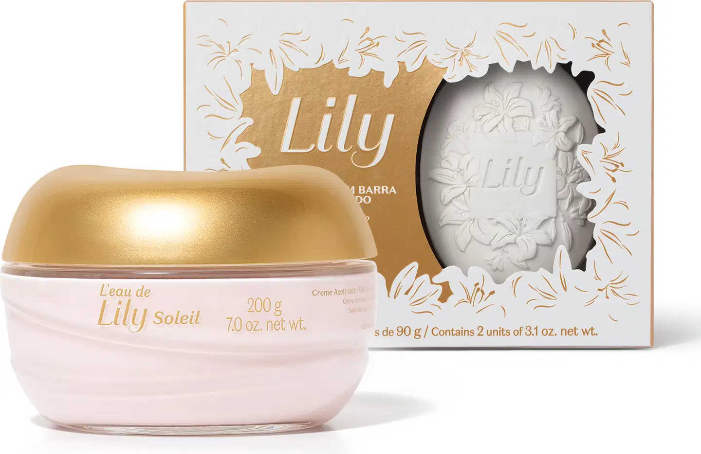 Imagem de dois produtos L'eau de Lily Soleil, sendo um pote de vidro com conteúdo branco e com tampa dourada contendo creme acetinado corporal e uma caixa presenteável branca e dourada com dois sabonetes em barra perfumados.