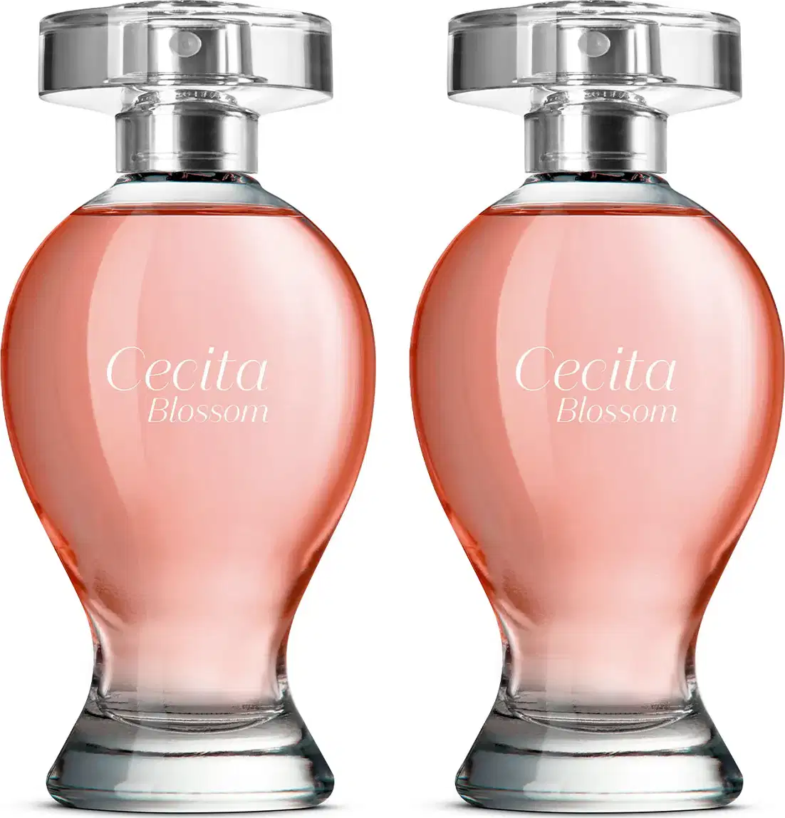 Imagem de dois vidros transparentes de 100ml contendo desodorante colônia da marca Cecita Blossom. Eles têm formato curvilíneo com líquido rosa, tampas prateadas e letras brancas.