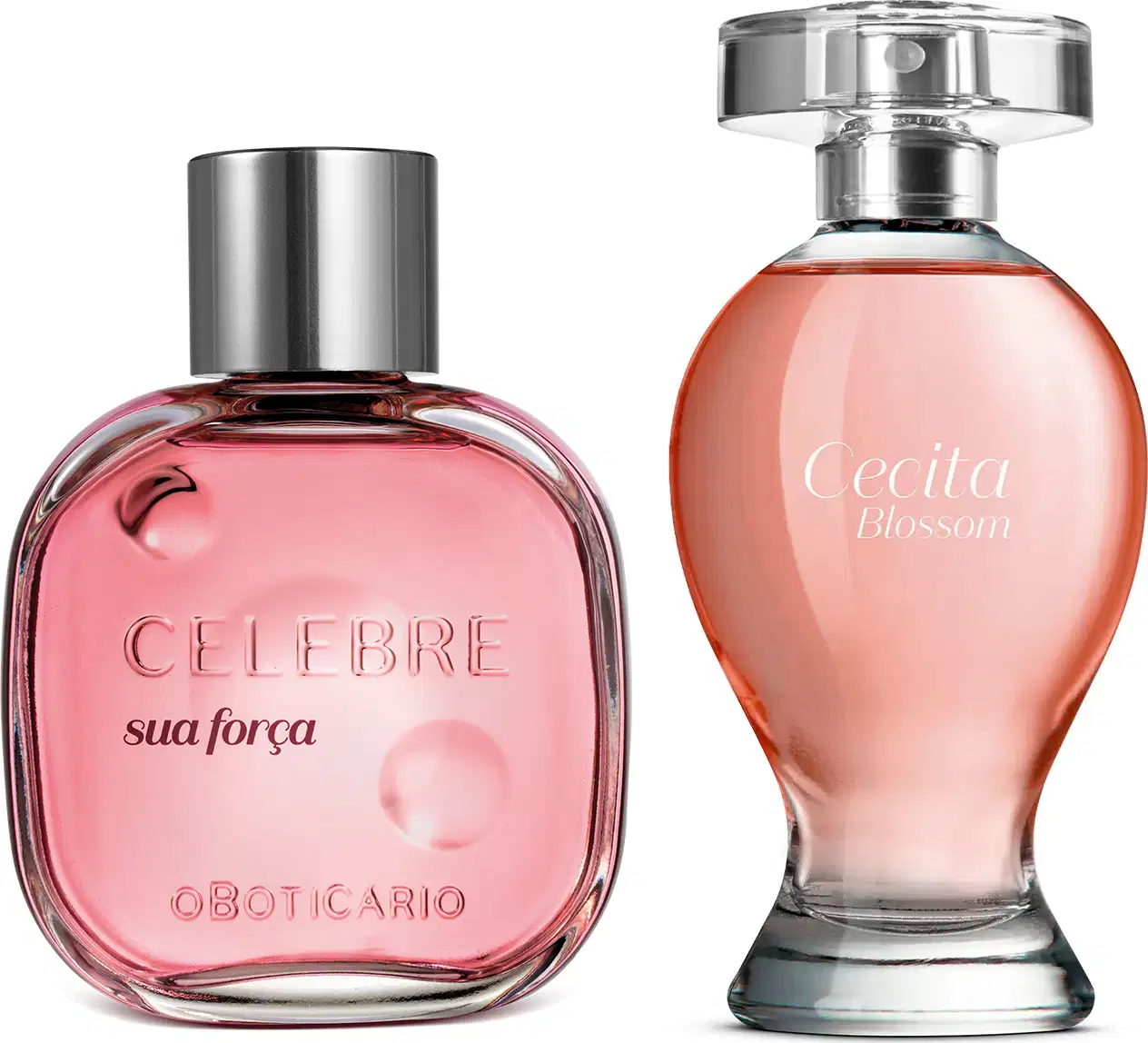 Imagem de dois vidros transparentes com líquido rosa e tampa prateada de desodorante colônia feminino, sendo um da marca Celebre Sua Força e o outro da marca Cecita Blossom, cada um com 100ml.