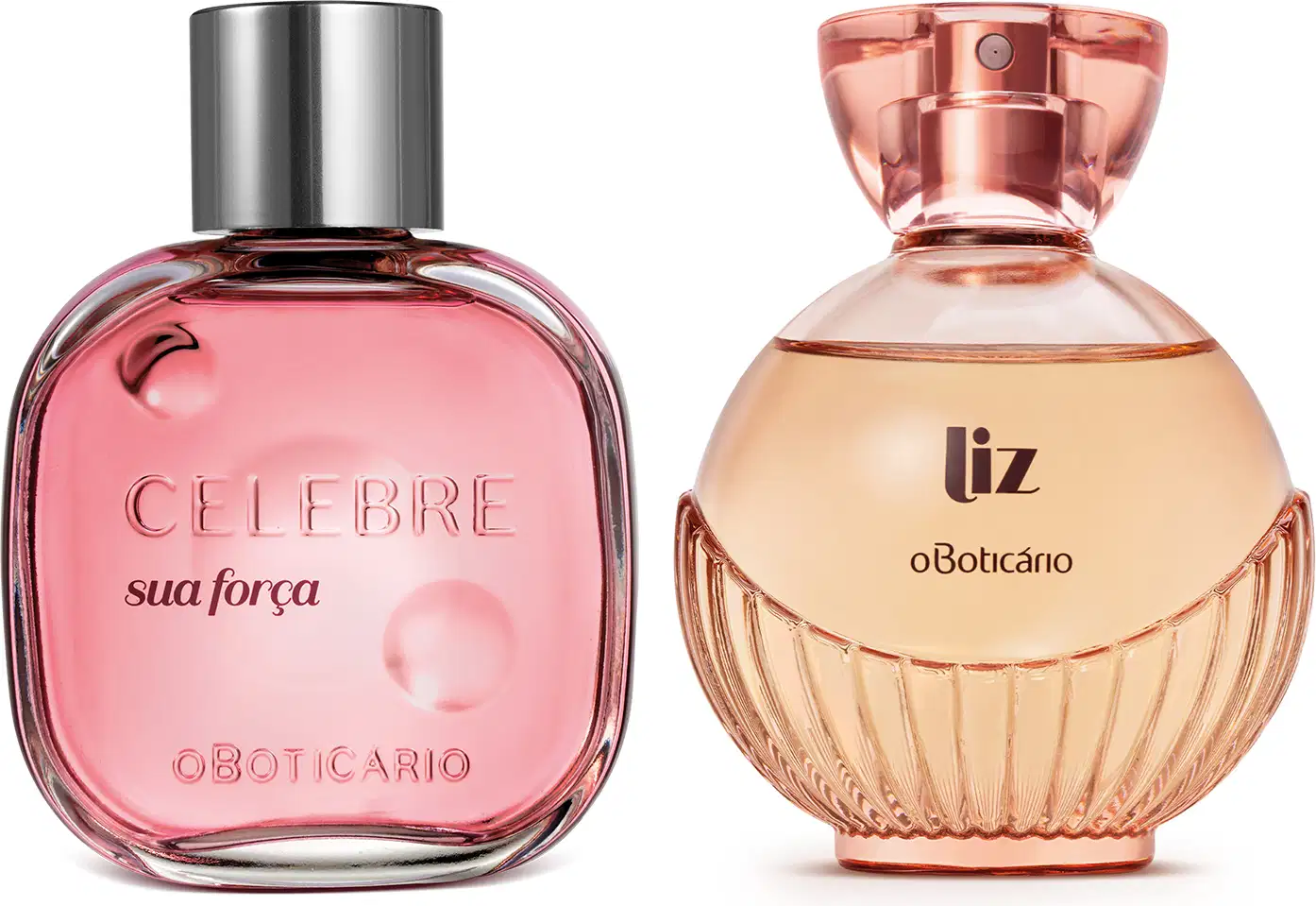 Imagem de dois itens de perfumaria feminina O Boticário, sendo um vidro transparente com líquido rosa e tampa prateada da marca Celebre Sua Força e um vidro arredondado transparente com líquido rosa e borrifador dourado da marca Liz.