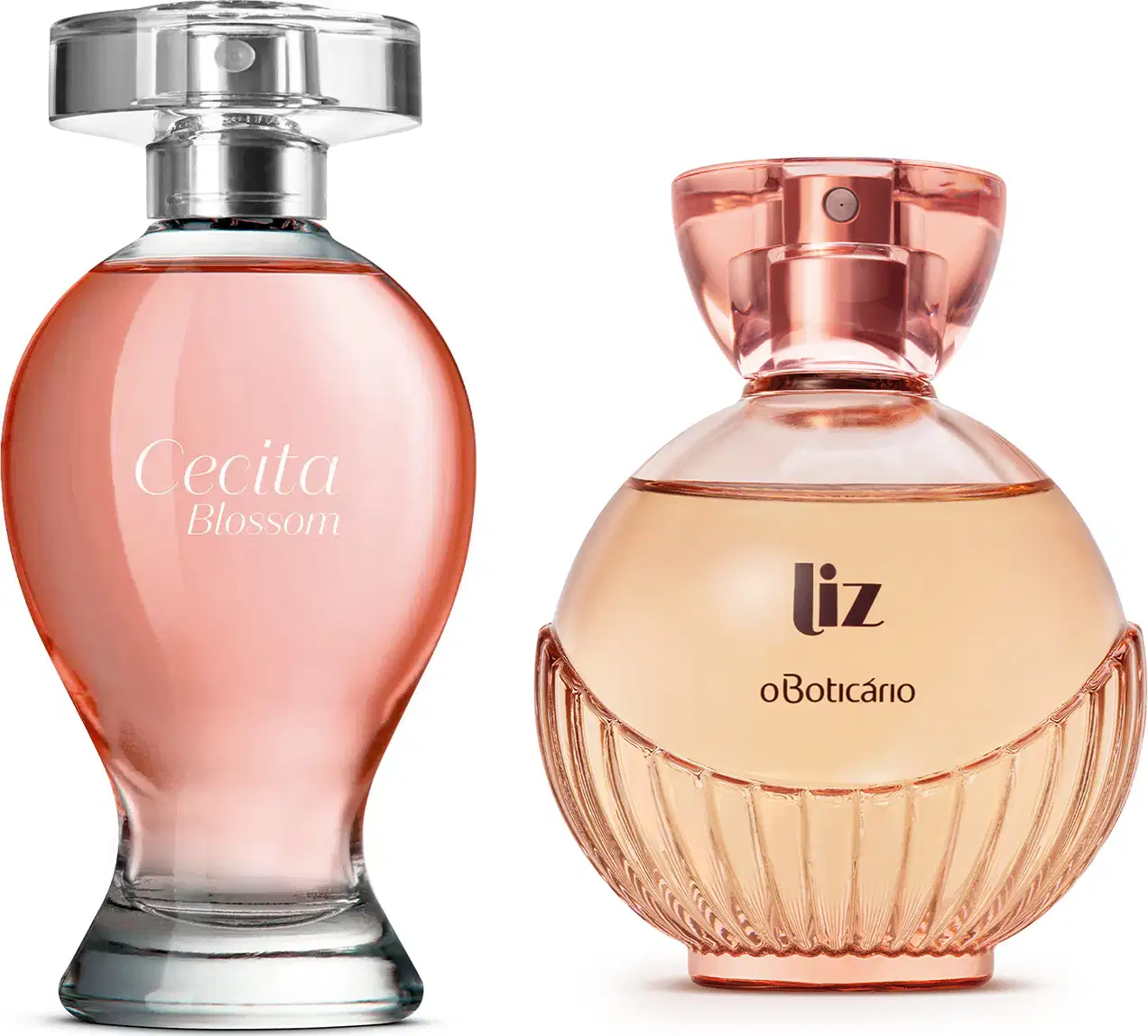 Imagem de dois desodorantes colônia femininos, sendo um vidro em formato curvilíneo transparente com líquido rosa e borrifador prateado das marca Cecita Blossom e um vidro arredondado com  líqudio bege e borrifador dourado da marca Liz.