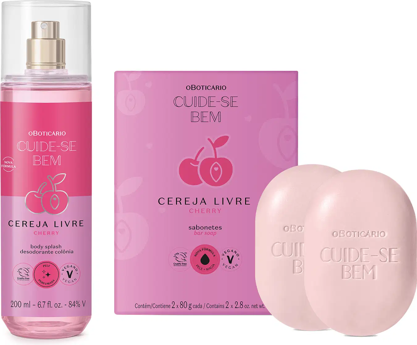 Imagens de dois produtos da linha Cuide-se Bem Cereja Livre com um body splash em embalagem transparente, líquido rosa e borrifador prateado, dois sabonetes em barra em formato oval rosa e sua caixa em tons de rosa e lilás e cereja ilustrada.