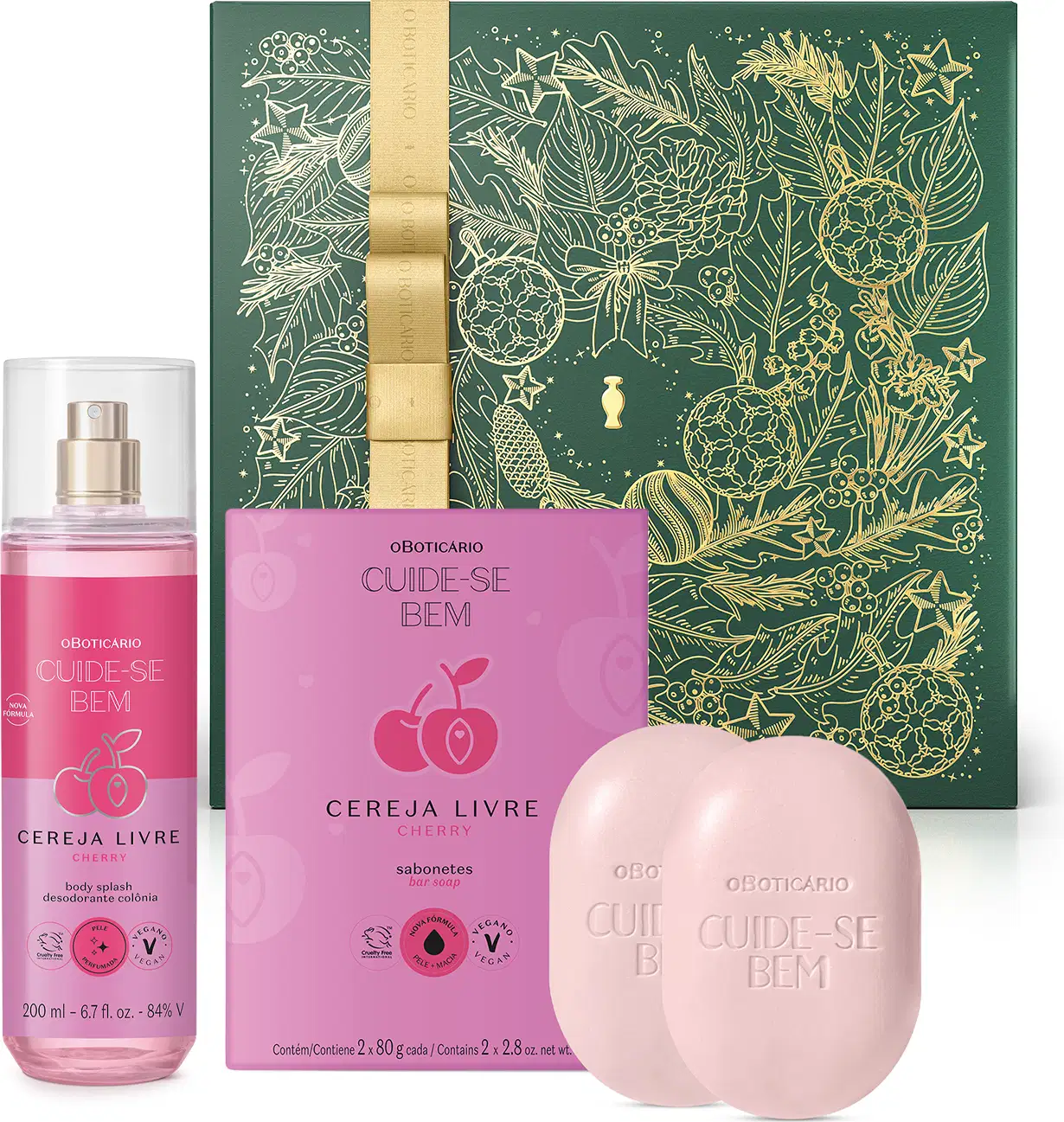Imagem do Combo Cuide-se Bem Cereja Livre com body splash em embalagem transparente com líquido rosa, caixa lilás com ilustração de cereja, dois sabonetes em barra em formato oval lilás e uma caixa presenteável verde com fita e ilustração douradas.
