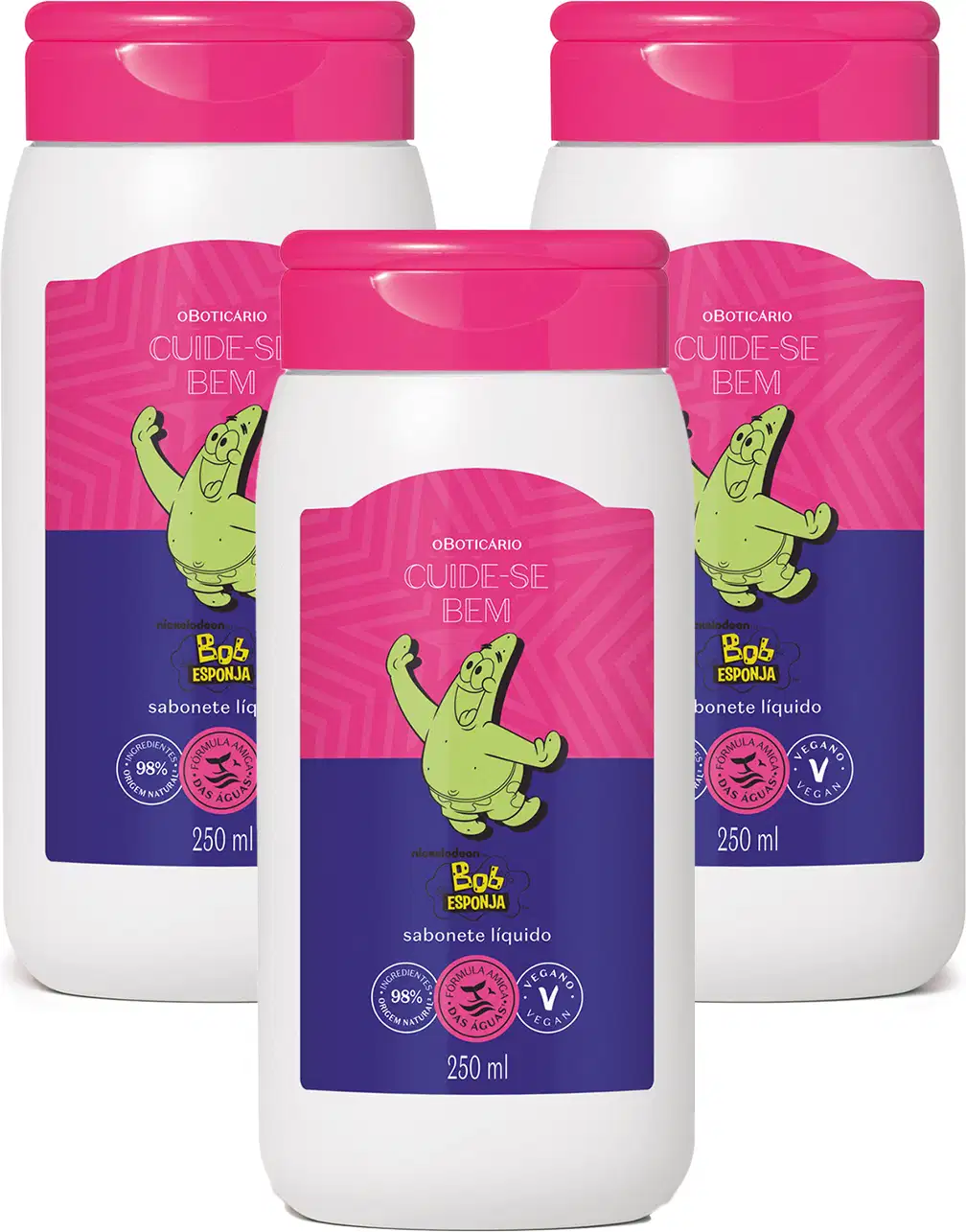 Imagem de três frascos de 250ml do sabonete líquido corporal da marca Cuide-se Bem Bob Esponja. A embalagem é branca com tampa rosa e rótulo na cor rosa e azul ilustrada com o personagem Patrick Estrela.