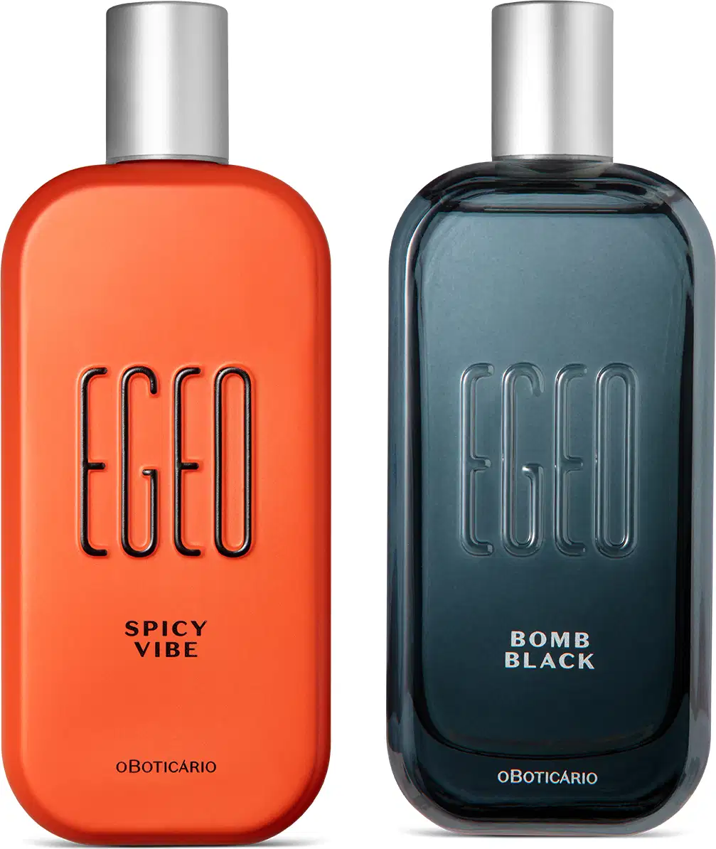 Imagem de dois vidros de desodorante colônia da marca Egeo, sendo um laranja com letras pretas da linha Spicy Vibe e outro preto com letras brancas da linha Bomb Black. As duas embalagens têm cantos arredondados, tampas prateadas e possuem 90ml.