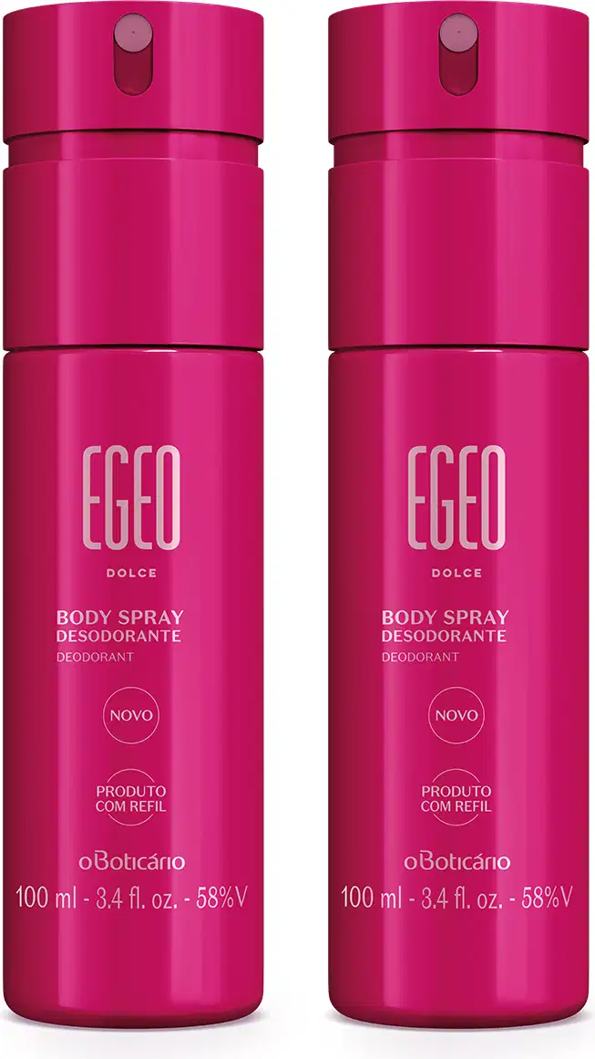 Imagem de dois frascos de 100ml do body spray Egeo Dolce. A embalagem é toda rosa e o rótulo traz informações em letras douradas.