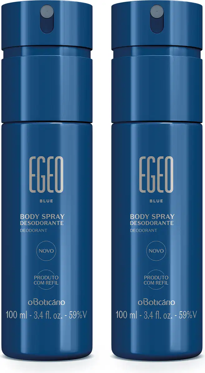 Imagem de dois frascos de 100ml do body spray Egeo Blue. A embalagem é toda azul e o rótulo traz informações em letras douradas. 