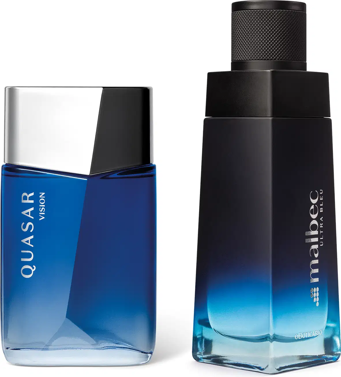 Imagem de dois frascos de item de perfumaria masculina, sendo um vidro azul com tampa prateada e rótulo escrito Quasar Vision e outro vidro em degradê de preto e azul com tampa também preta e rótulo escrito Malbec Ultra Bleu.