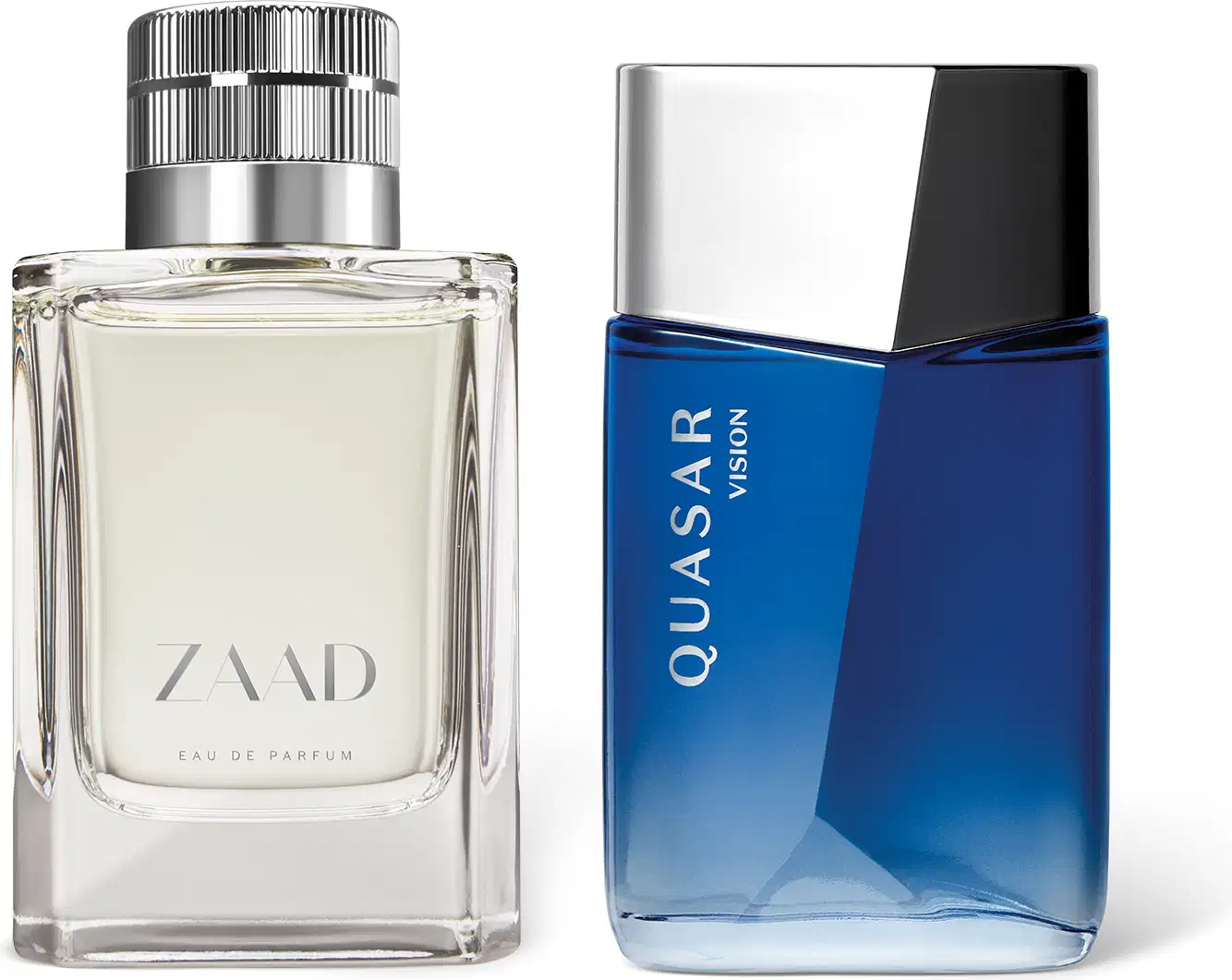 Imagem de dois itens de perfumaria masculina, um com embalagem transparente, líquido claro, tampa prateada e rótulo com a marca Zaad e outro com embalagem azul royal, tampa prateada e rótulo com a marca "Quasar Vision".