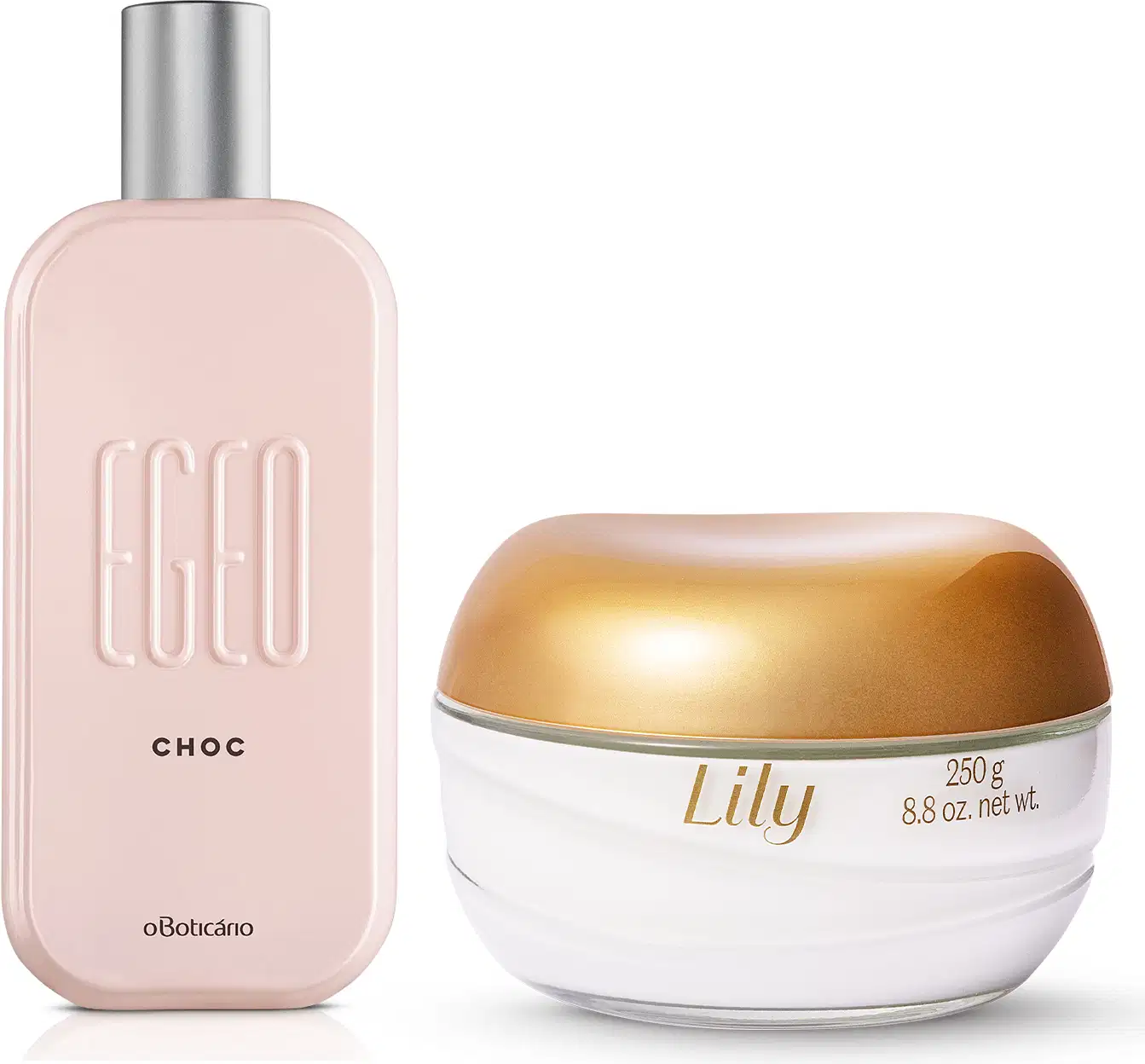 Imagem de um vidro rosa-claro com tampa prateada escrito Egeo Choc contendo desodorante colônia e um pote de vidro com conteúdo branco e tampa dourada com creme acetinado corporal Lily;
