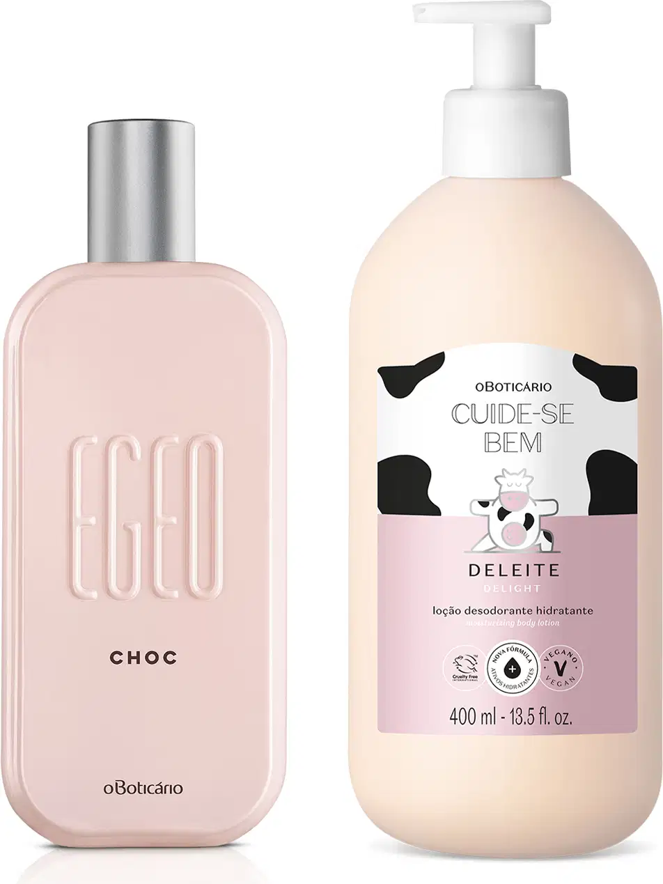 Imagem de um vidro rosa-claro com tampa prateada escrito Egeo Choc e outro frasco branco com bomba doseadora, rótulo com ilustração de vaca e frase "Cuide-se Bem Deleite".