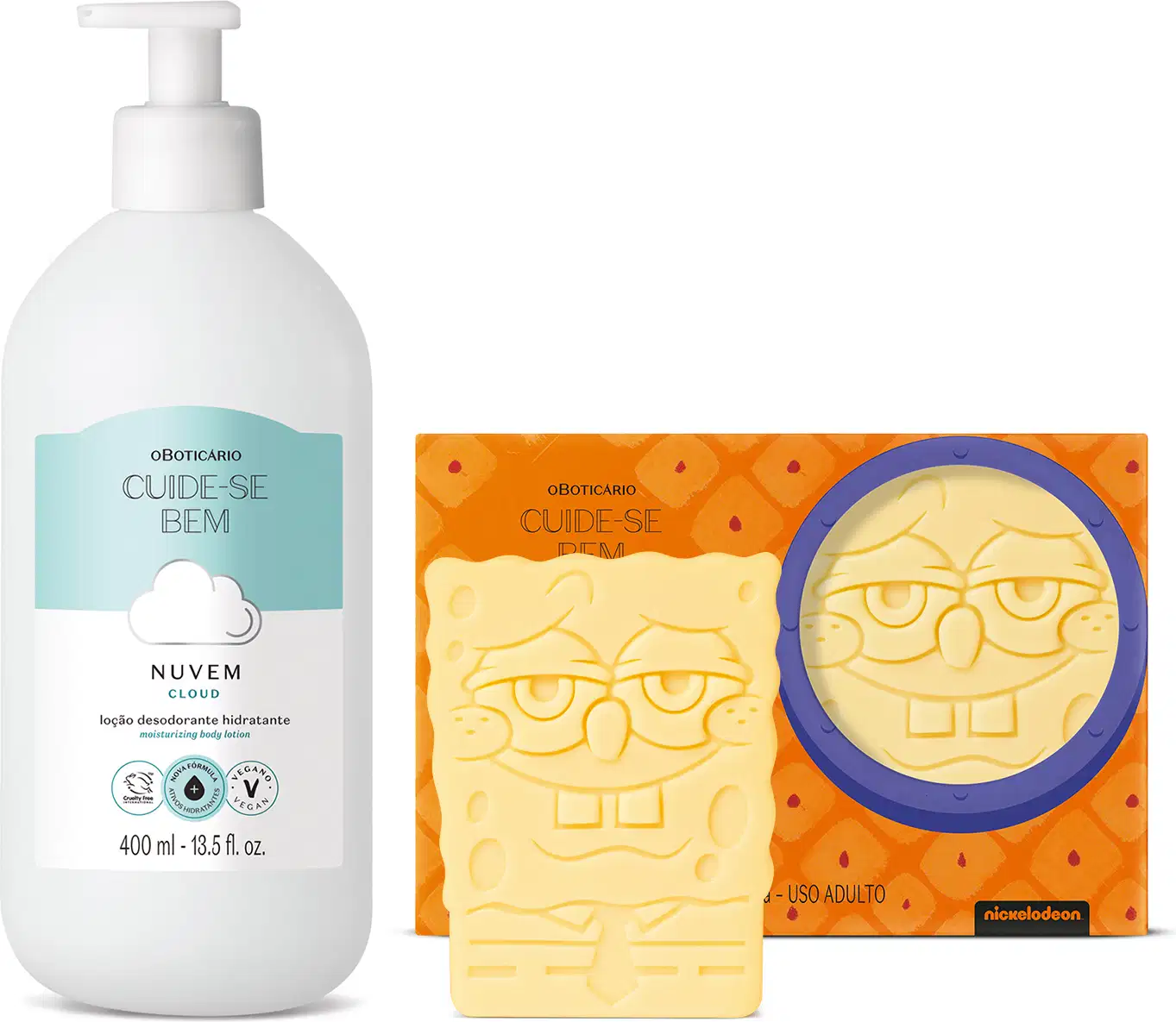 Imagem de um vidro branco de rótulo azul e branco com nuvem ilustrada da marca Cuide-se Bem Nuvem, um sabonete amarelo em formato do Bob Esponja e sua caixa, com estampa de casca de abacaxi, círculo azul com o rosto do personagem dentro.