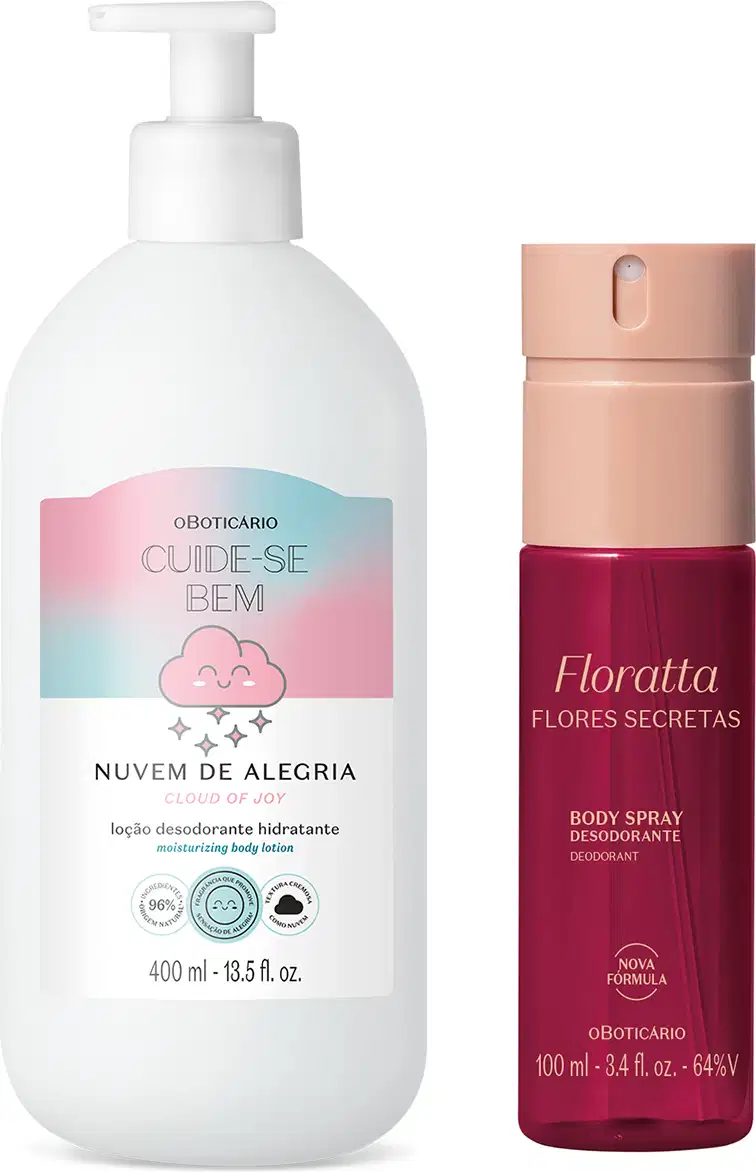 Imagem de um frasco branco com bomba dosadora e rótulo em tons de azul, rosa e lilás, com estampa de nuvem da marca Cuide-se Bem Nuvem de Alegria e um frasco vermelho da marca Floratta Red com tampa rosa e rótulo com letras douradas.
