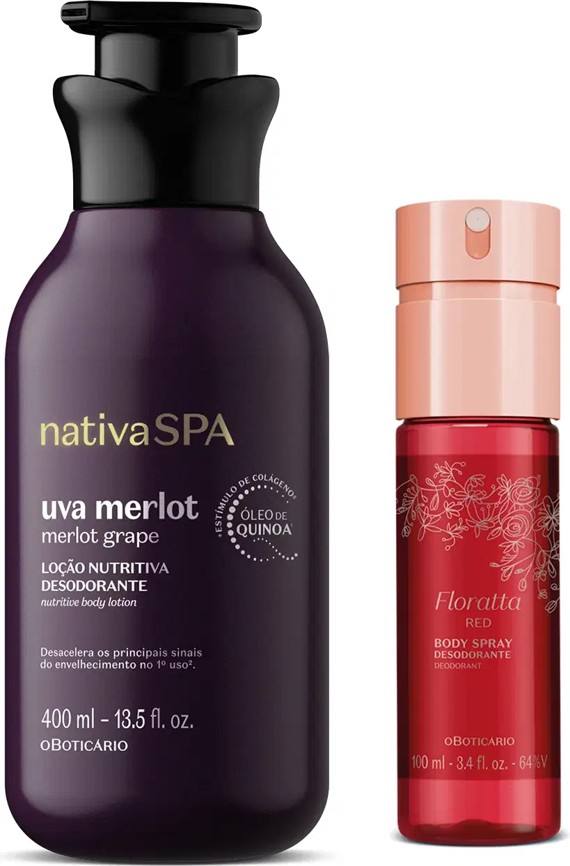 Imagem de um frasco roxo com bomba dosadora contendo loção nutritiva corporal da marca Nativa SPA Uva Merlot e um frasco de body spray da marca Floratta Red em embalagem vermelha, tampa rosa e rótulo com detalhes e letras douradas.