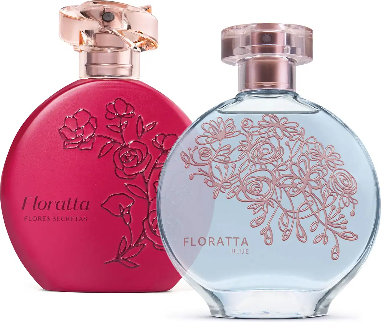 Imagem com dois icônicos vidros da fragrância Floratta, sendo um transparente com líquido azul, letras e flores em relevo em tom alaranjado da linha Blue e um vidro vermelho com letras e flores em relevo na cor vinho da linha Flores Secretas. 