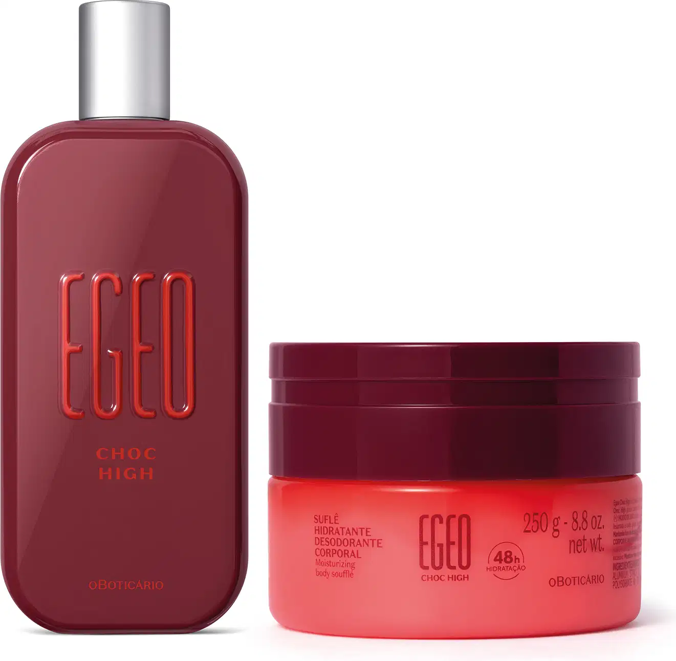 Frasco vermelho de desodorante colônia Egeo Choc High e um pote redondo com tampa vermelha e corpo alaranjado de suflê corporal da mesma marca.