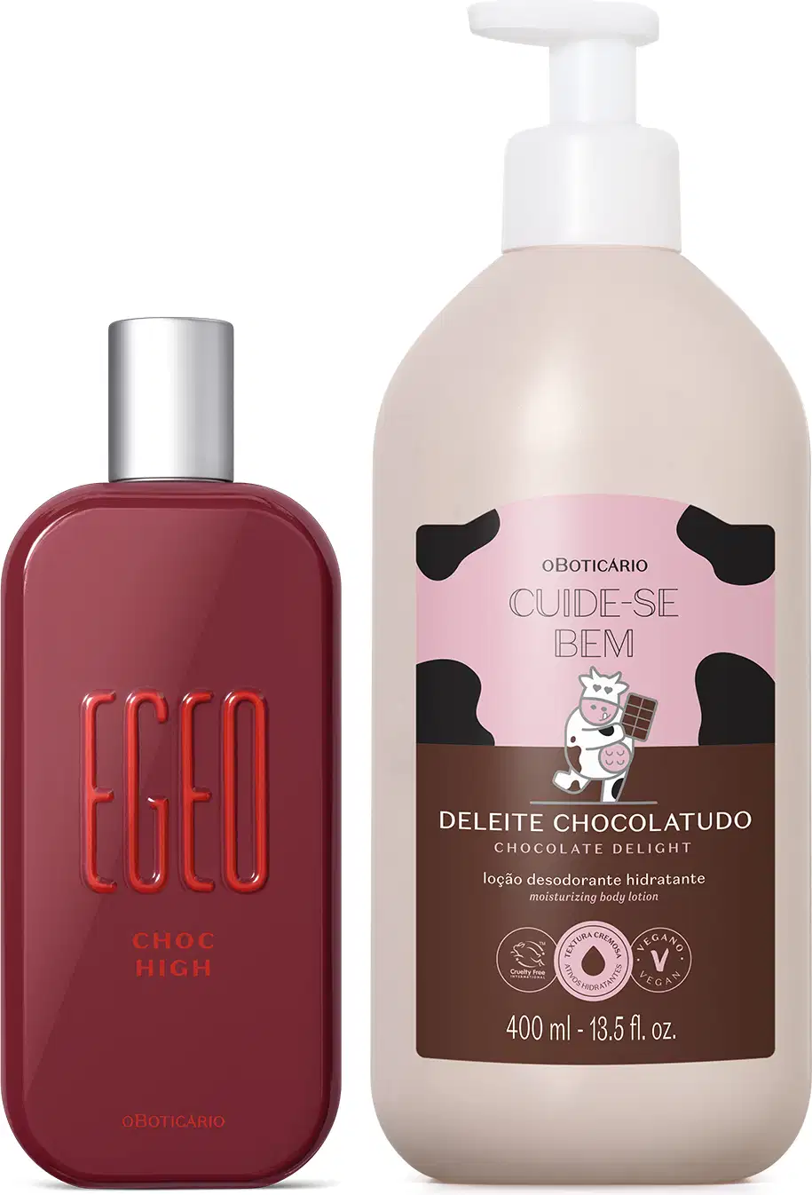 Frasco vermelho de desodorante colônia Egeo Choc High e um frasco branco com bomba doseadora com rótulo "Cuide-se Bem Deleite Chocolatudo", com rótulo com ilustração de vaca e texto em preto.