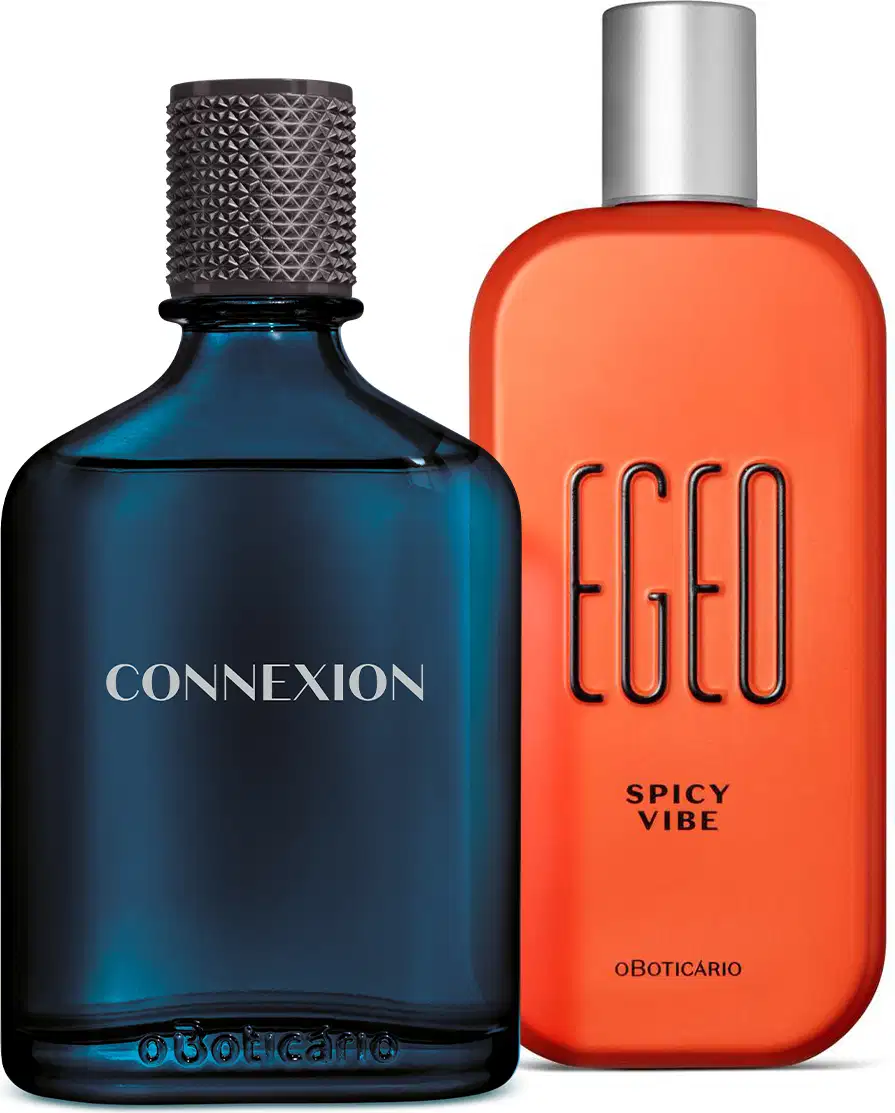 Dois frascos de perfumaria: um azul escuro com a marca Boticollection Connexion e outro laranja com a marca Egeo Spicy Vibe, ambos com embalagens de vidro e tampa cinza.