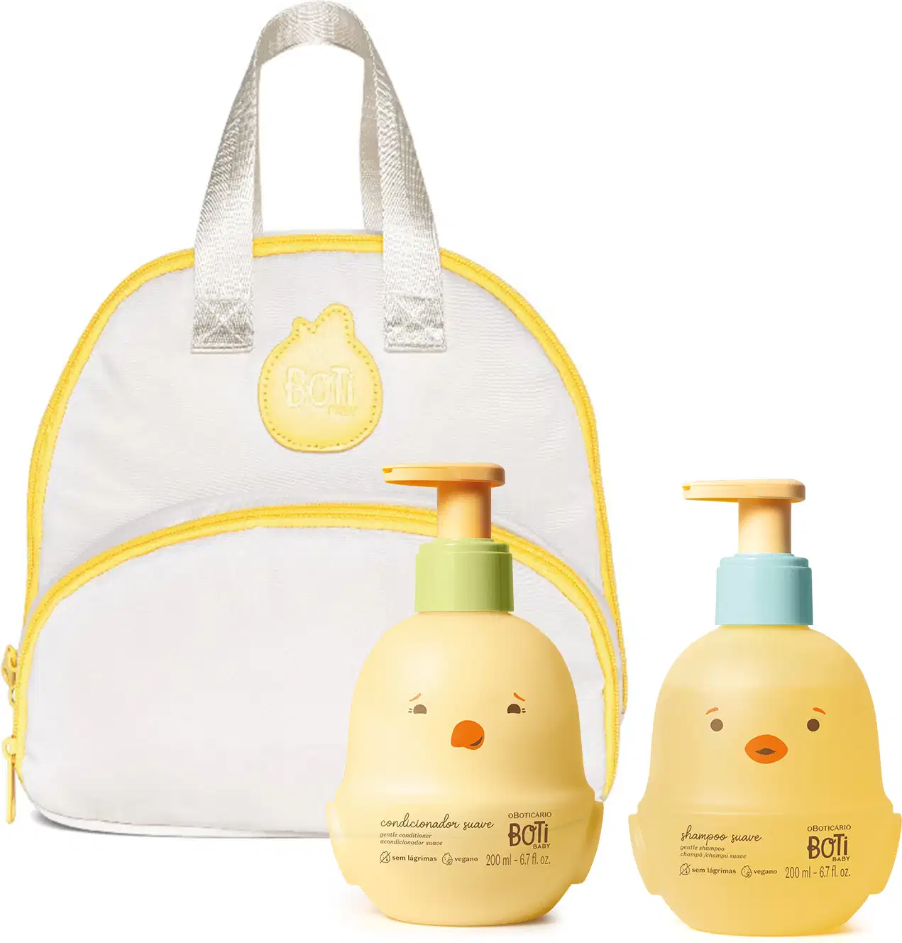 Imagem do Combo Boti Baby que traz uma frasqueira em frasqueira em formato de mochila branca com detalhes amarelos e dois frascos em formato de pintinho amarelo e laranja, contendo um shampoo e um condicional desenvolvido especialmente para crianças.