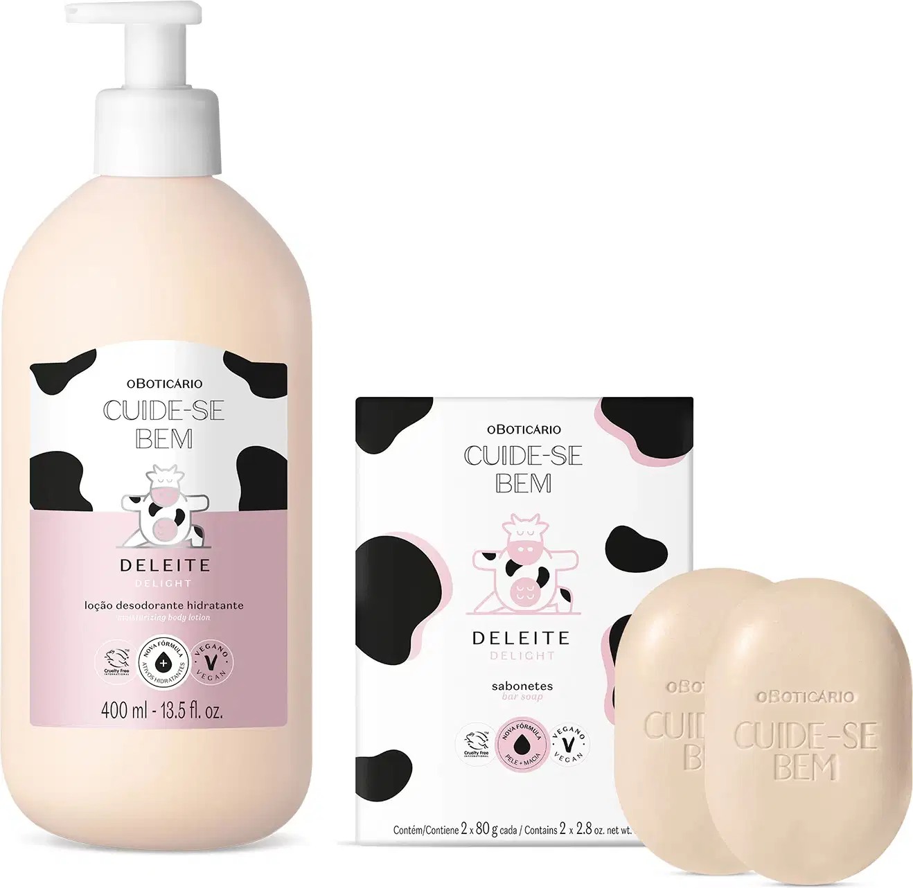Imagem de dois produtos Cuide-se Bem Deleite, sendo um frasco branco com bomba dosadora e rótulo com ilustração de vaca contendo loção hidratante corporal, caixa branca com estampa de vaca e dois sabonetes rosa em formato oval com logotipo da marca.