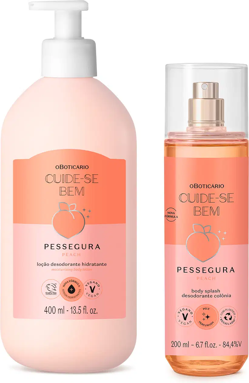 Imagem de dois produtos da marca Cuide-se Bem Pessegura: um frasco branco com bomba doseadora contendo loção desodorante hidratante de pêssego, e um frasco transparente com líquido laranja contendo splash corporal desodorante colônia de pêssego.