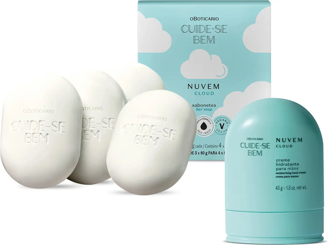 Imagem de produtos Cuide-se Bem Nuvem: um frasco azul com letras pretas de creme para as mãos, quatro sabonetes brancos com o nome da marca gravado e uma caixa azul com estampa de nuvens brancas e letras pretas.