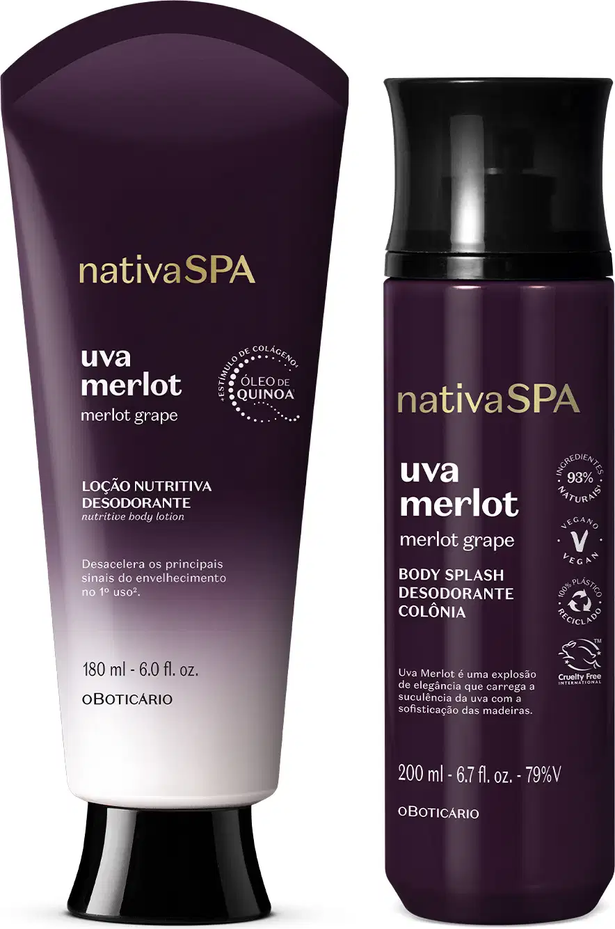 Imagem de dois produtos da marca Nativa SPA Uva Merlot, sendo uma bisnaga preta e branca com tampa preta de loção corporal e um frasco preto com letras douradas de body splash.
