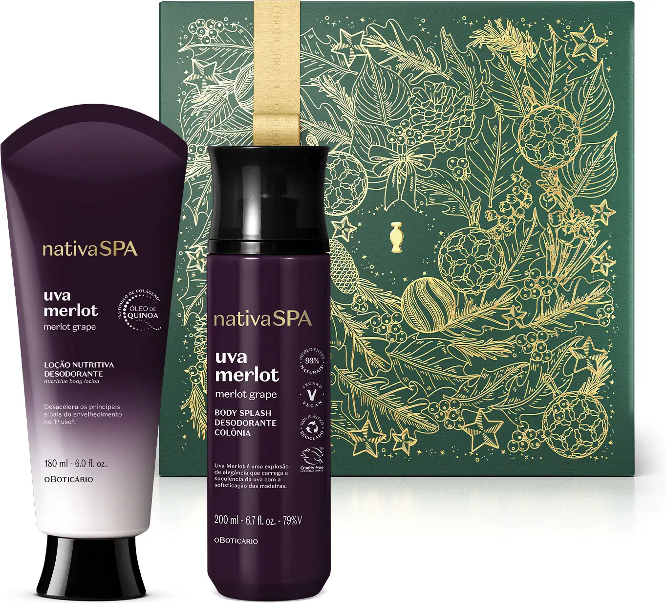 Imagem do Combo Nativa Spa Uva Merlot com uma bisnaga preta e branca com tampa preta de loção corporal, um frasco preto com letras douradas de body splash e uma caixa presenteável verde com fita e estampa douradas.