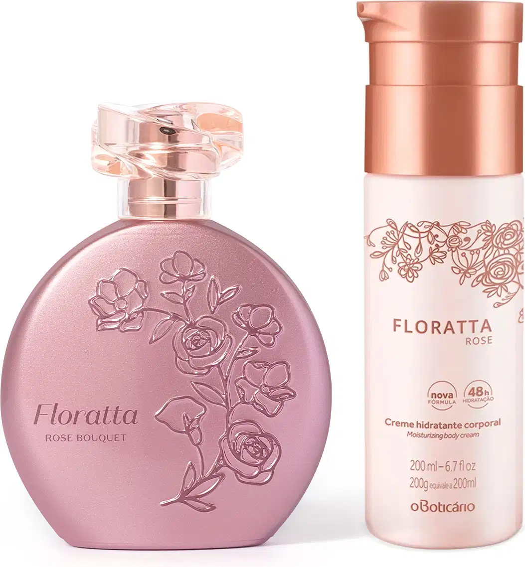 Imagem do clássico e elegante vidro rosa com flores em relevo do desodorante colônia Floratta Rose Bouquet e d0 frasco branco com tampa e rótulo dourados do creme hidratante corporal Floratta Rose.