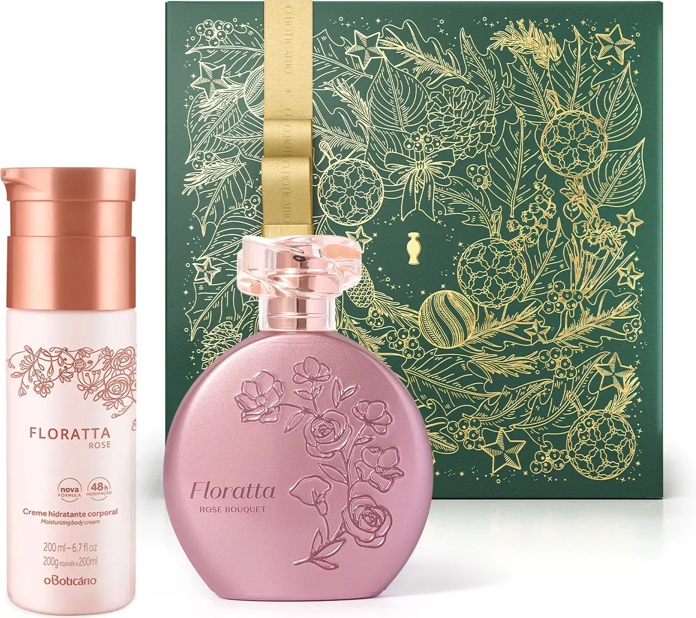 Imagem do Combo Floratta Rose que traz o clássico vidro rosa com flores em relevo do desodorante colônia da linha Bouquet, frasco branco com tampa e rótulo dourados do creme hidratante corporal e uma caixa presenteável verde com fita e estampa douradas.

