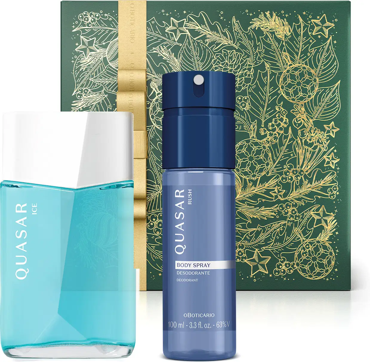 Imagem do Combo Quasar com um vidro azul-claro, tampa e rótulo brancos do desodorante colônia da linha Ice, um frasco azul com tampa preta do body splash da linha Rush e uma caixa presenteável verde com fita e estampa douradas.