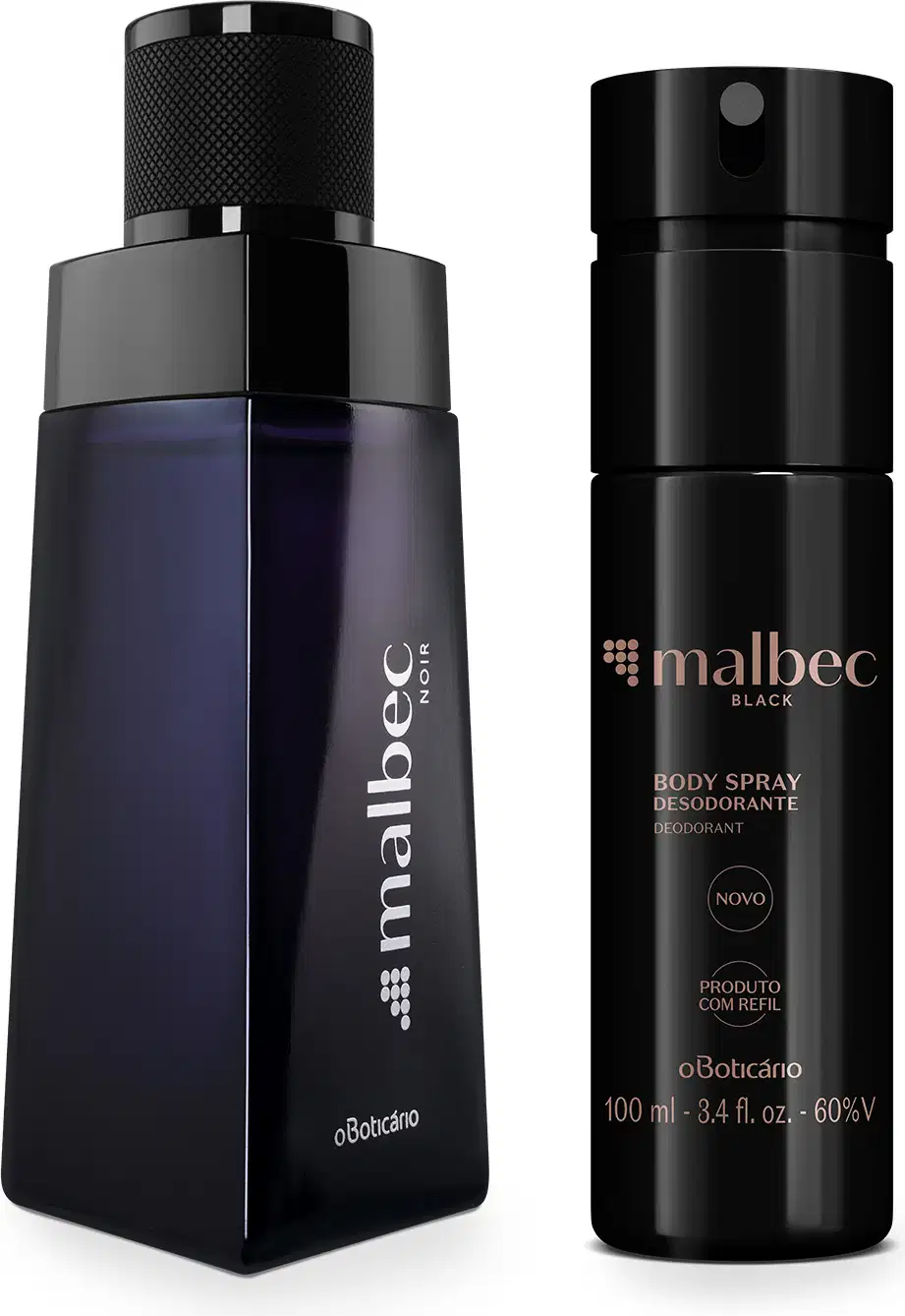 Imagem do moderno vidro preto com letra prata do desodorante colônia Malbec Noir e um frasco preto com letras douradas de body splash Malbec Black