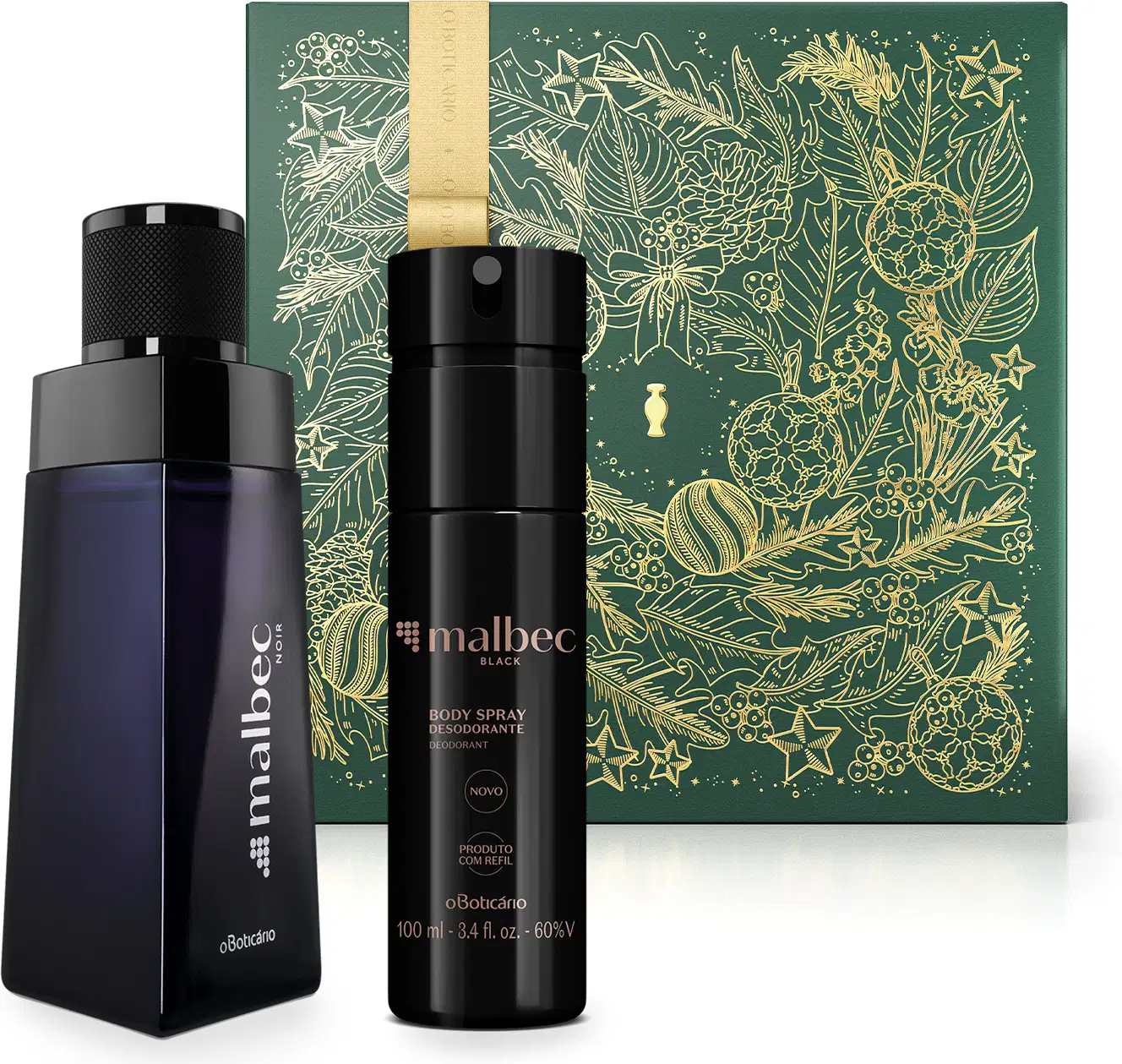 Imagem do Combo Malbec que traz um moderno vidro preto com letra prata do desodorante colônia da linha Noir, um frasco preto com letras douradas de body splash da linha Black e uma caixa presenteável verde com fita e estampa douradas.