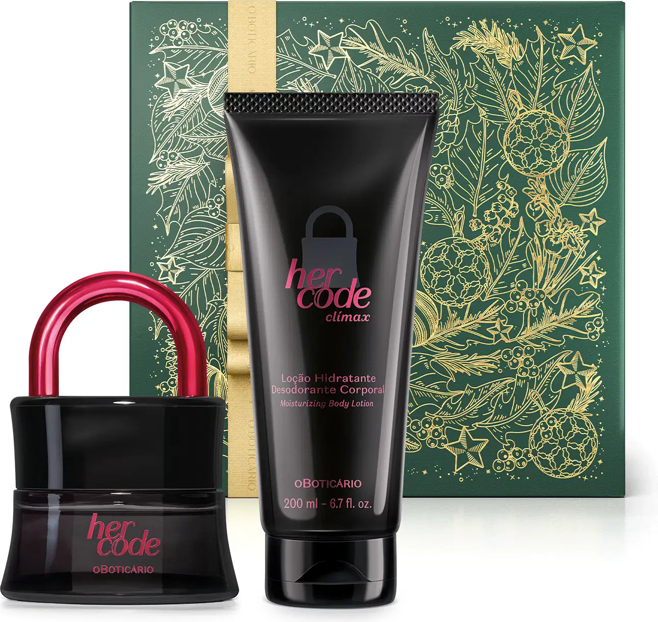 Imagem do Combo Her Code Clímax com o icônico vidro preto em formato de cadeado do Eau de Parfum, bisnaga preta com letras rosa metálico da loção corporal da mesma linha e uma caixa presenteável verde com fita e estampa douradas.