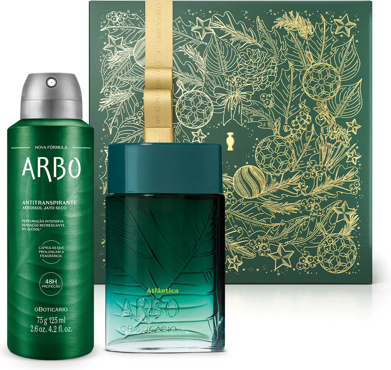 Imagem do Combo Arbo que traz um desodorante colônia da linha Atlântica em vidro branco e verde com rótulo em relevo, desodorante antitranspirante aerossol em frasco verde e prateado e uma caixa verde decorada com folhas e flores douradas.