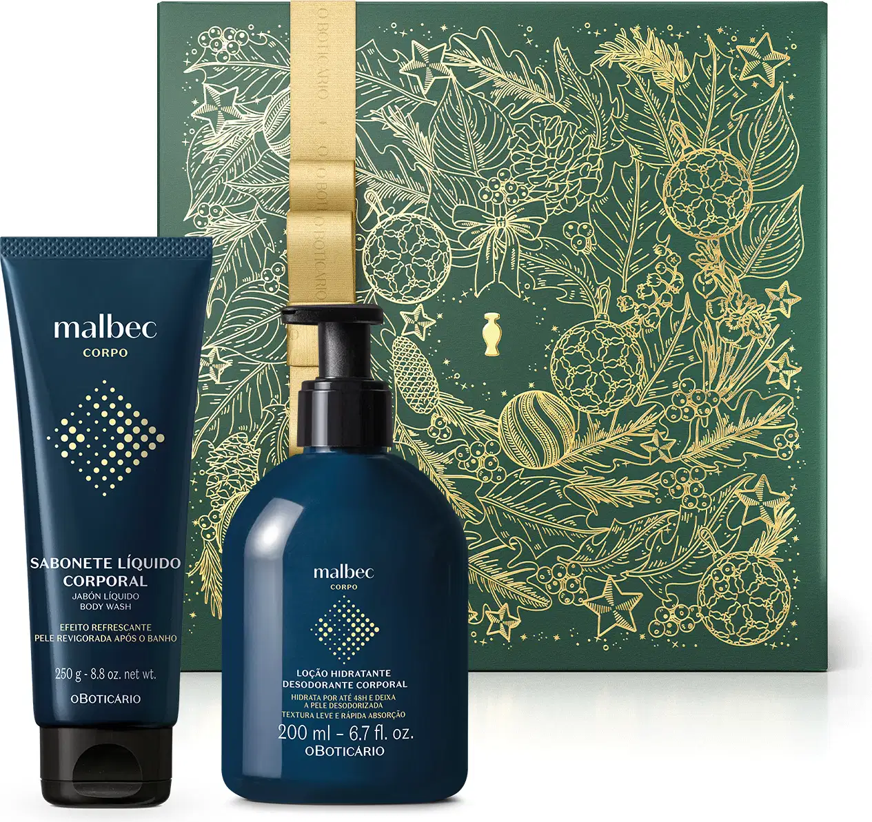 Imagem de kit com produtos de corpo e banho da marca Malbec, composto por frasco de loção hidratante corporal e bisnaga de sabonete líquido, ambas em embalagens azul-marinho com letras douradas e caixa de presente decorativa com estampa floral dourada.
