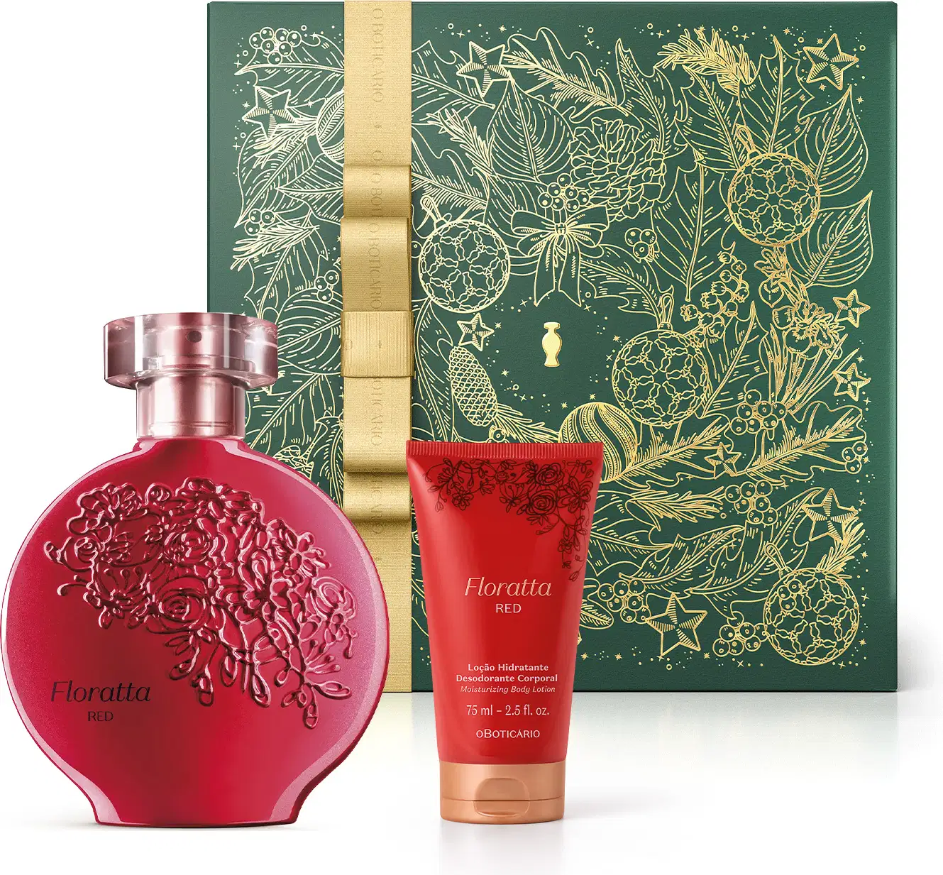 Imagem da clássica embalagem do desodorante colônia da marca Floratta Red na cor vermelha com textura em relevo, acompanhada de bisnaga vermelha de loção hidratante da mesma linha e caixa verde com ilustrações douradas de folhas e flores.