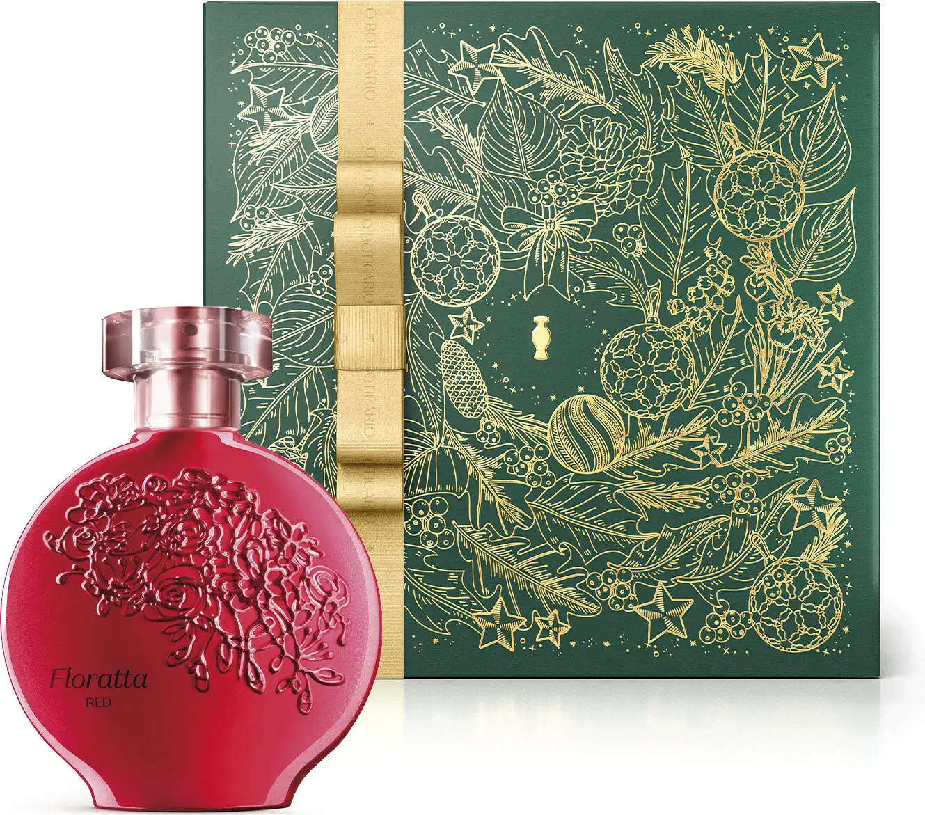 Imagem do clássico frasco de desodorante colônia da marca Floratta Red na cor vermelha, com textura e design elaborados, acompanhado de caixa verde com ilustrações douradas de folhas e flores.