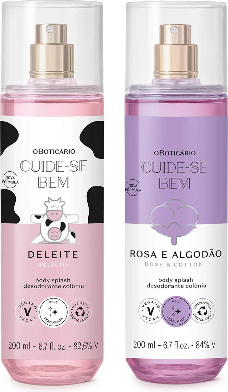 Imagem de dois frascos de body splash da marca Cuide-se Bem, um com rótulo rosa, estampa de vaca e líquido rosa da linha Deleite e outro lilás e branco com líquido lilás da linha Rosa e Algodão. As embalagens são transparentes e borrifador prateado.