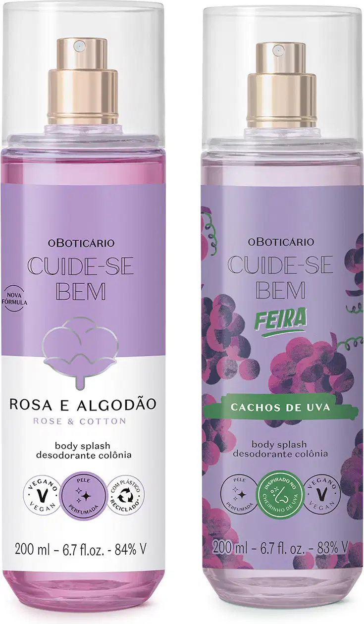Imagem de dois frascos de body splash Cuide-se bem, sendo um deles com rótulo em tons de lilás e branco da linha Rosa e Algodão e outro com rótulo roxo e desenhos de uva da linha Cachos de Uva. As embalagens são transparentes com borrifador prateado. 