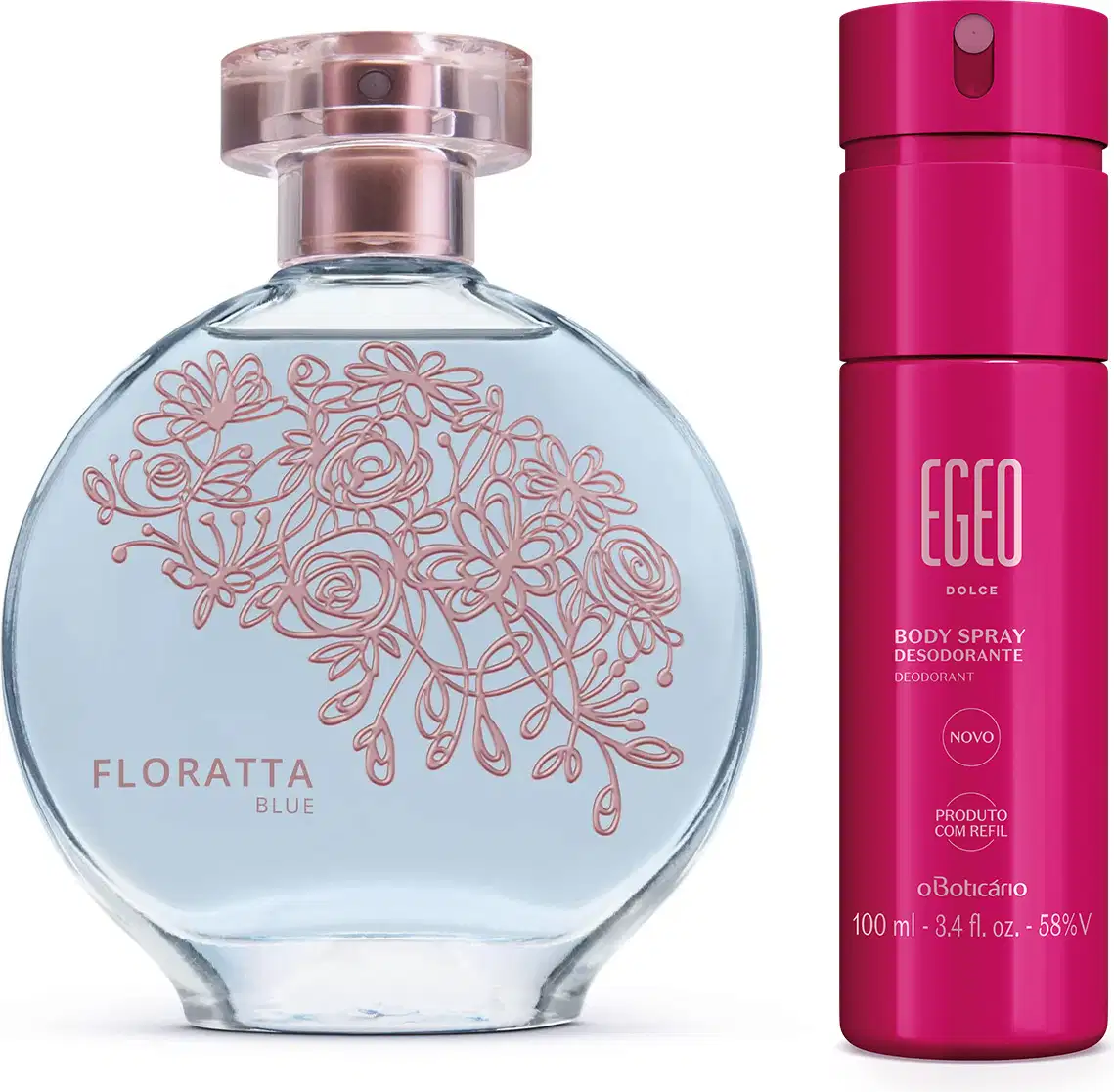 Imagem do desodorante colônia Floratta Blue em embalagem transparente. líquido azul, desenhos florais e tampa transparente e um body spray Egeo Dolce em frasco também rosa com rótulo dourado. Um kit feminino e delicado.