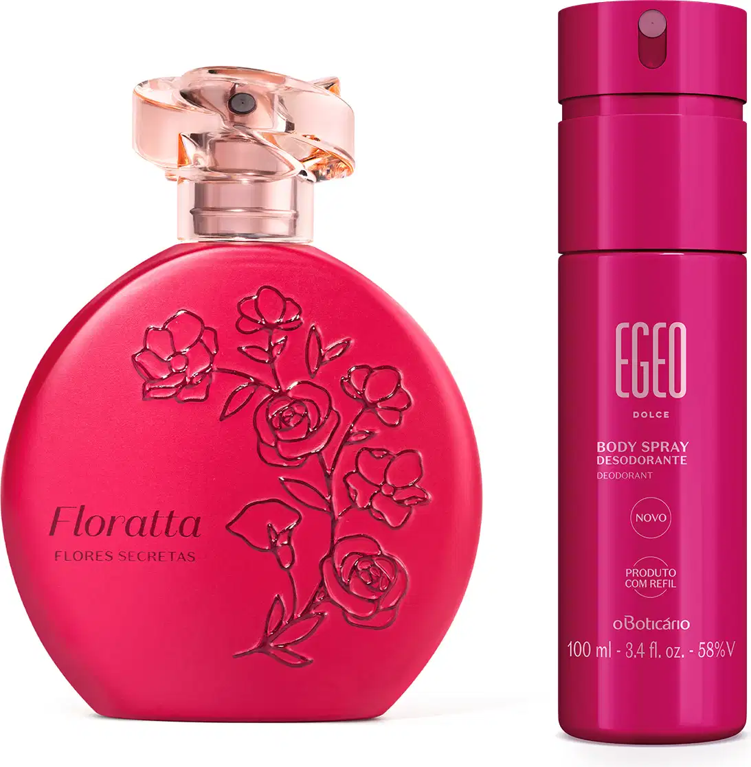 Imagem do desodorante colônia Floratta Flores Secretas em embalagem rosa com desenhos florais e tampa transparente e um body spray Egeo Dolce em frasco também rosa com rótulo dourado. Um kit feminino e cheio de energia.