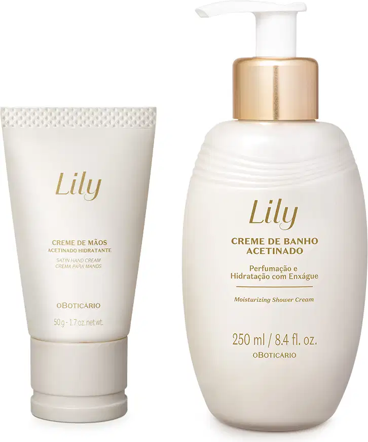 Imagem do Combo Lily Acetinados, contendo um frasco de creme de banho com bomba dosadora e uma bisnaga de creme para mãos. As embalagens são nas cores branca e dourada.